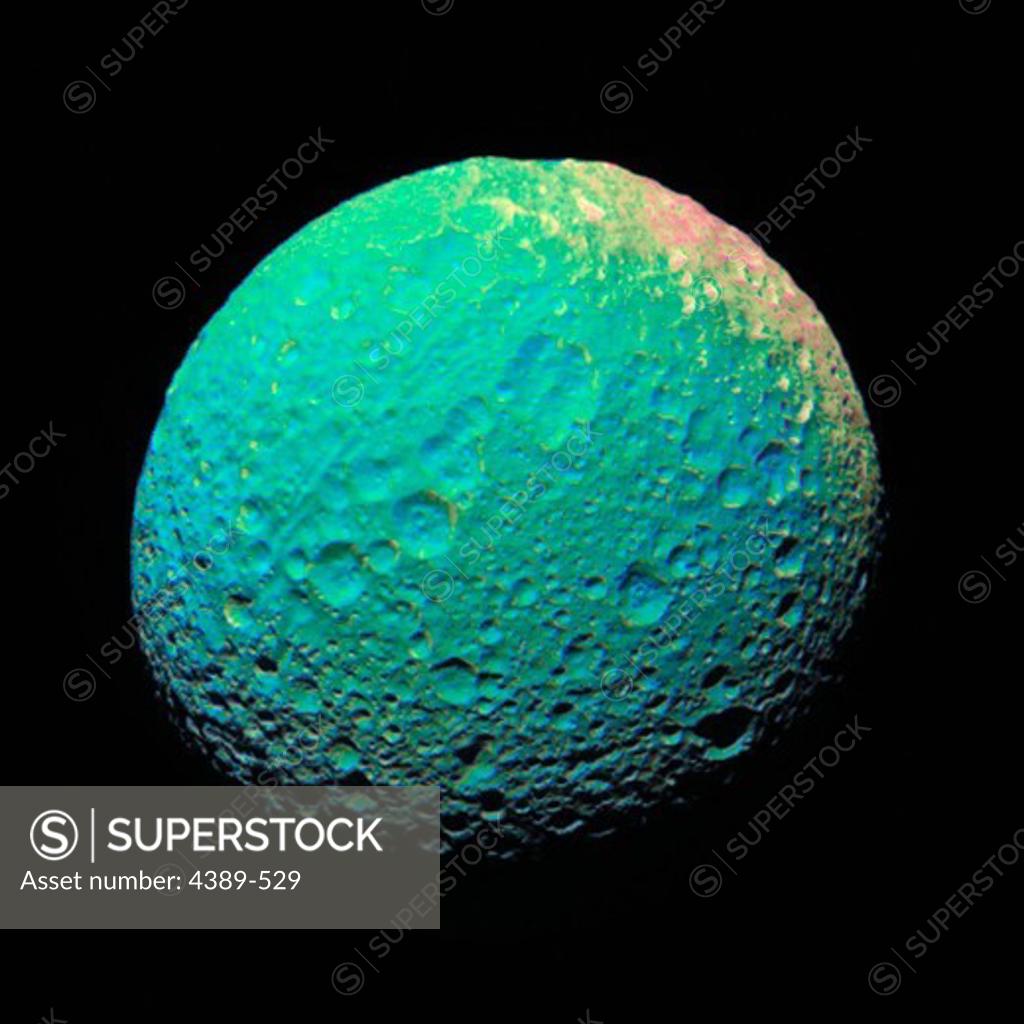 Stock Photo: 4389-529 False Color Image of Saturn's Moon Mimas