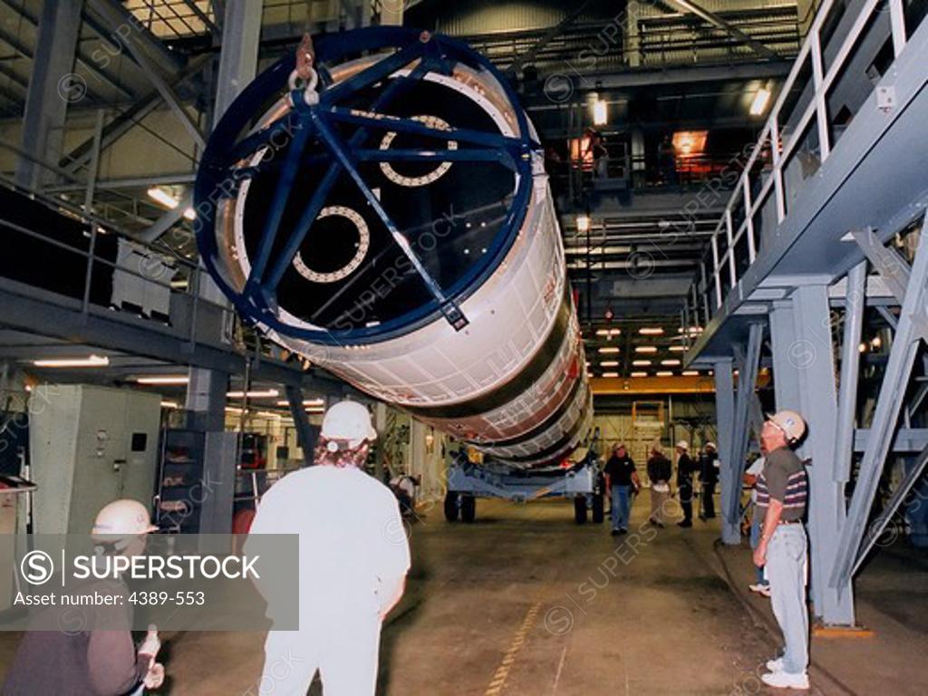 Stock Photo: 4389-553 Second Stage of Titan IV Centaur Being Hoisted