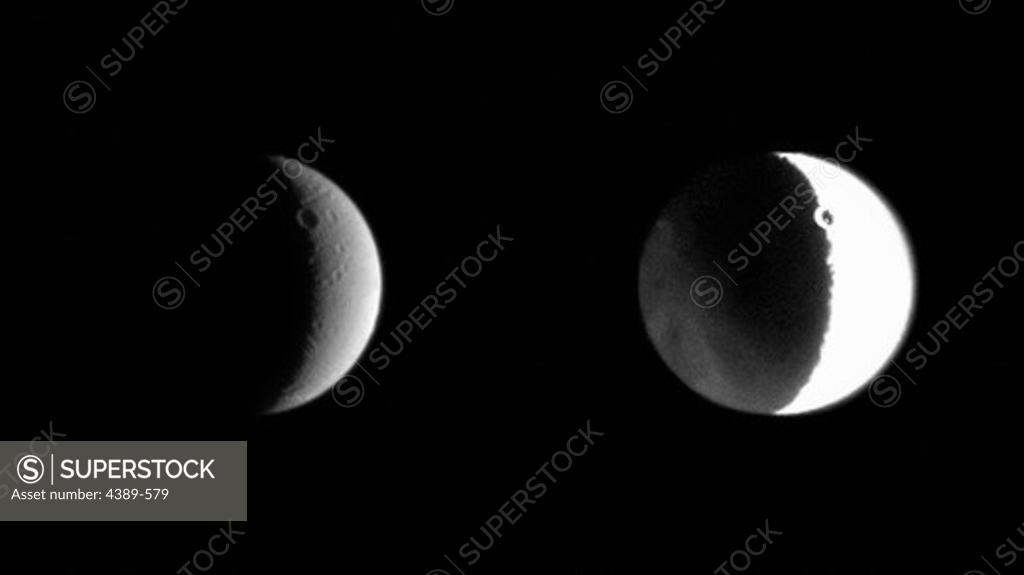 Stock Photo: 4389-579 Two Views of Dione's Dark Side