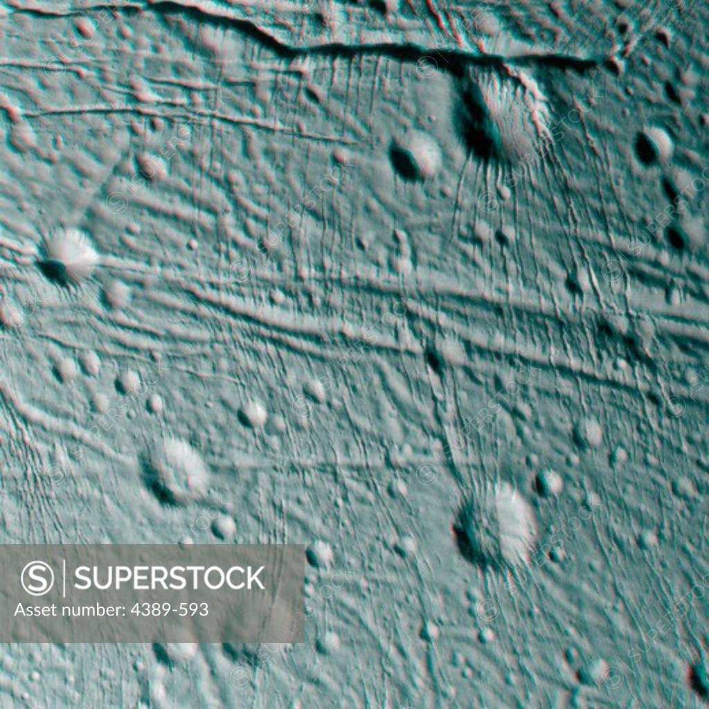Stock Photo: 4389-593 3-D Image of Enceladus' Craters