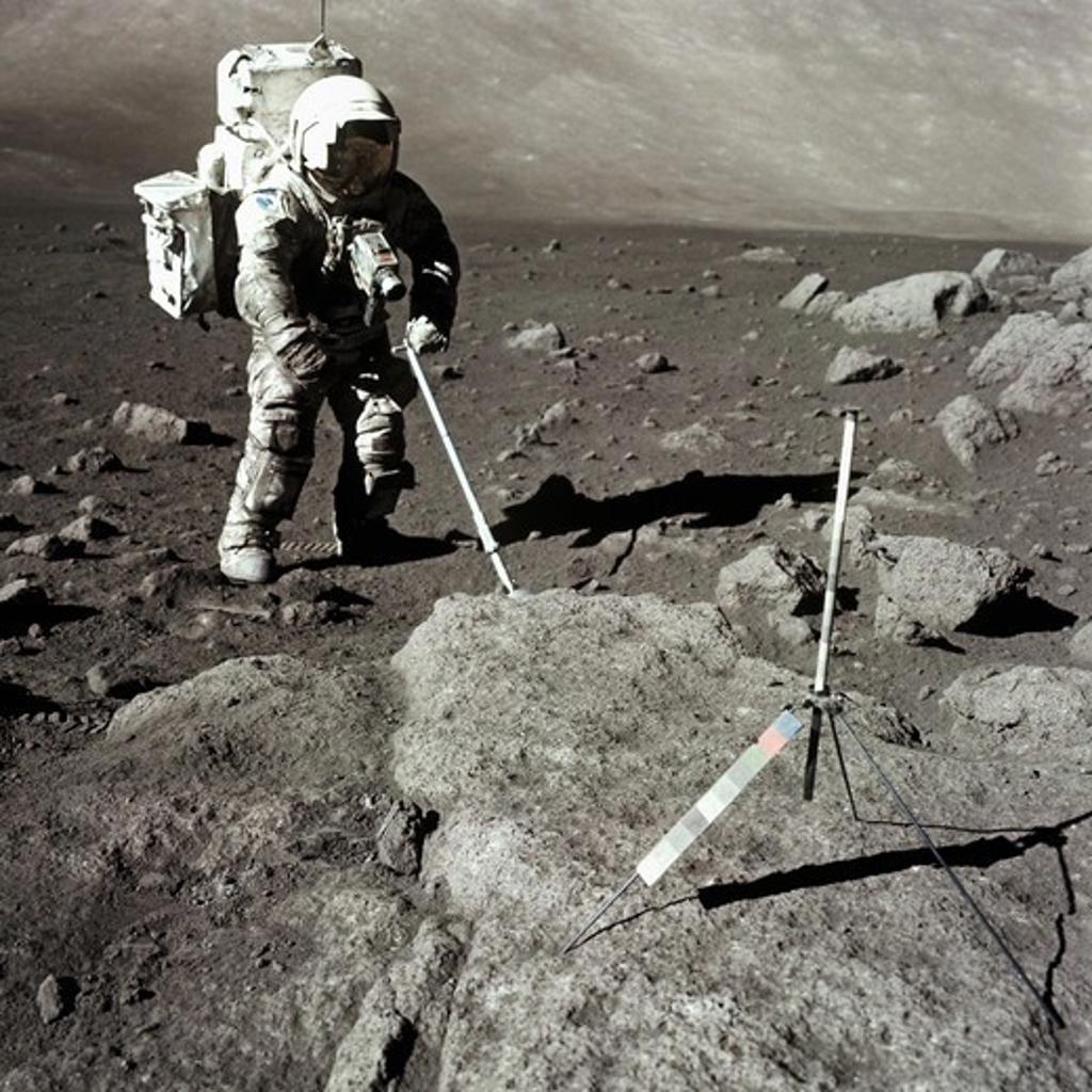 Apollo 17 Astronaut Takes a Lunar Core Sample