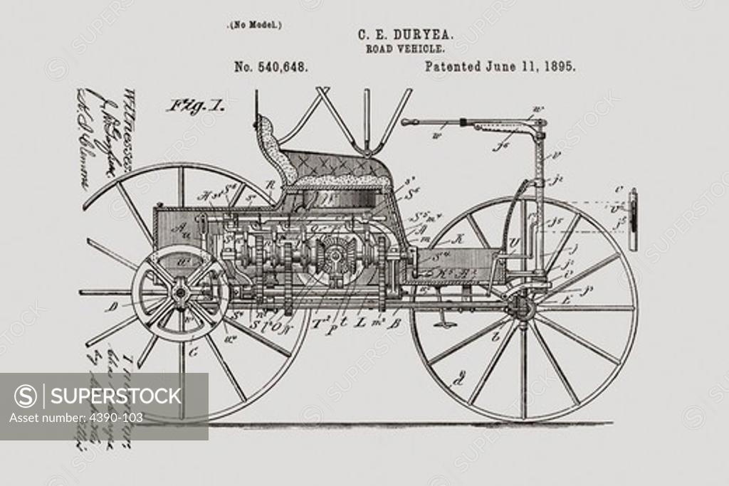 Stock Photo: 4390-103 Patent Drawing for the Duryea Road Vehicle