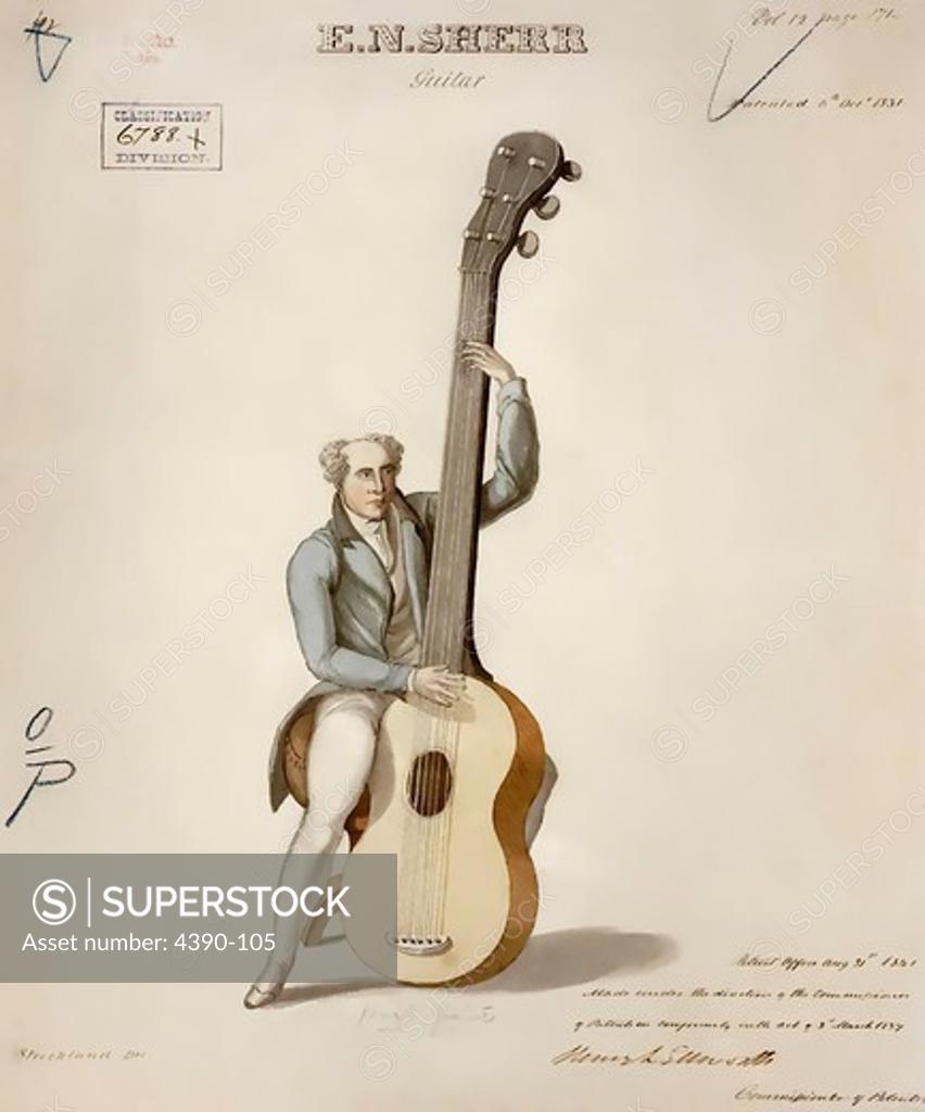 Stock Photo: 4390-105 Drawing of a Harp Guitar