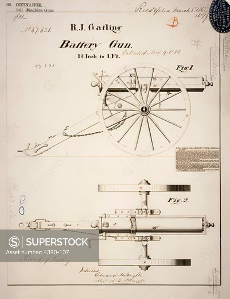 Stock Photo: 4390-107 Drawing of Gatling Gun