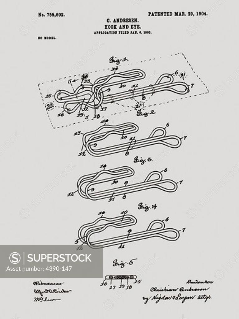 Stock Photo: 4390-147 Patent Drawing for a Hook and Eye Fastener