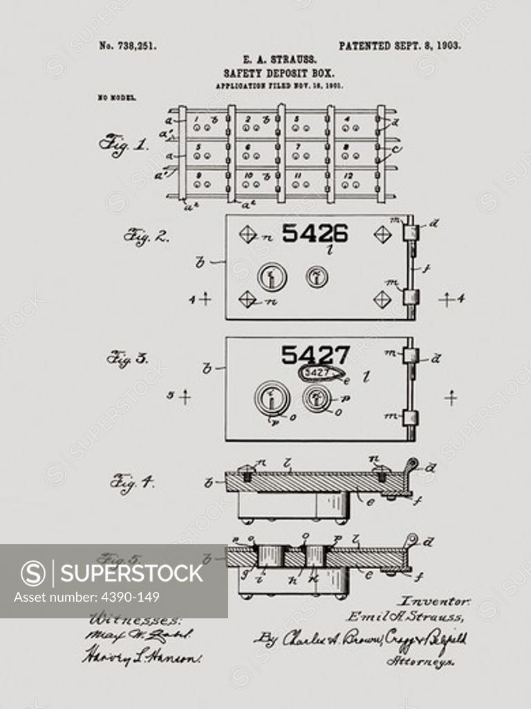 Stock Photo: 4390-149 Patent Drawing for a Safety Deposit Box