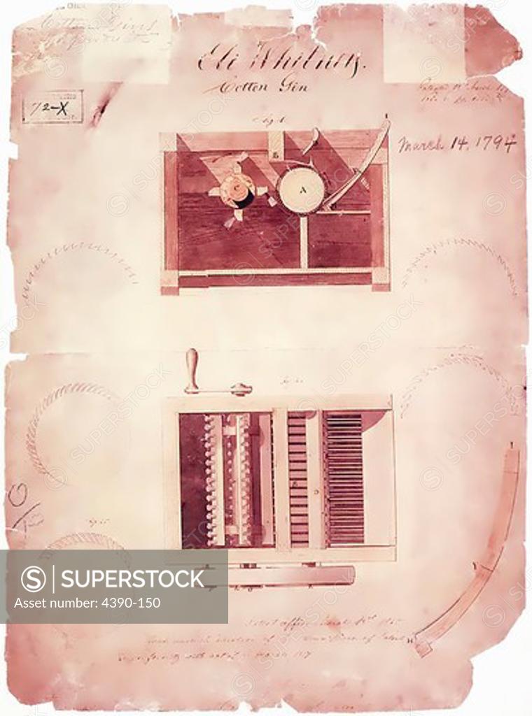Stock Photo: 4390-150 Eli Whitney's Cotton Gin Patent Drawing