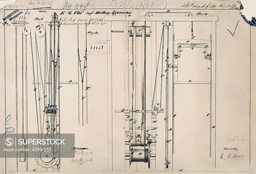 Stock Photo: 4390-152 Elisha Otis's Elevator Patent Drawing