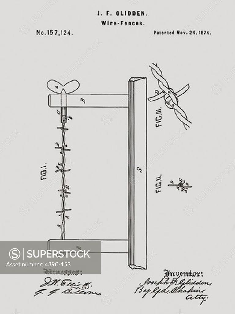 Stock Photo: 4390-153 Patent Drawing for Joseph F. Glidden's Improvement to Barbed Wire