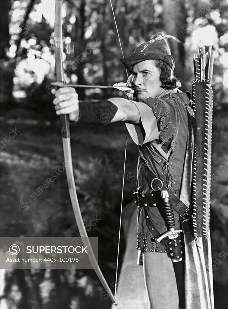 ERROL FLYNN in THE ADVENTURES OF ROBIN HOOD (1938), directed by MICHAEL CURTIZ and WILLIAM KEIGHLEY.