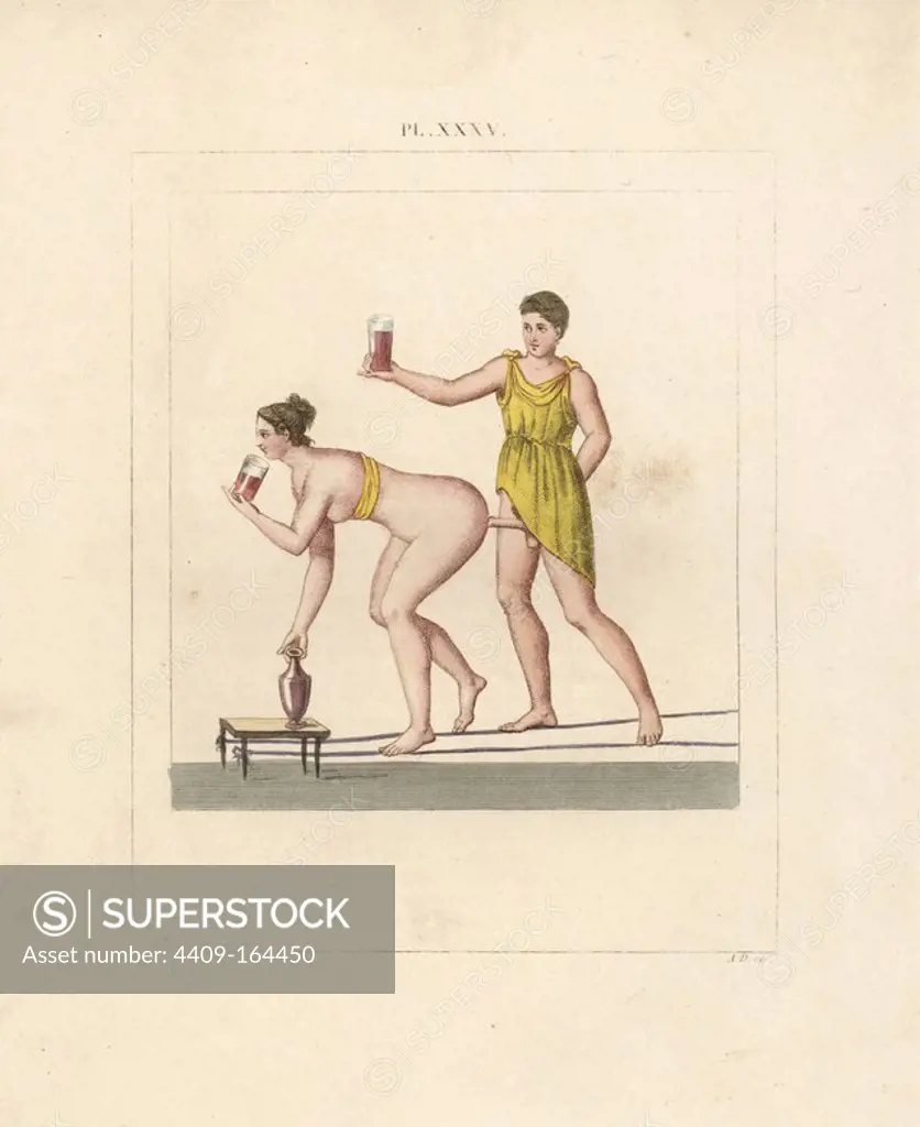 Fresco from Pompeii: "rope dancers." According to Famin, two rope dancers drink wine and perform a sex show in an orgy. It is more probable that these "ropes" were merely the floor in the original painting. Handcoloured lithograph by A. Delvaux from Cesar Famin's "Musee royal de Naples (The Royal Museum at Naples)," Abel Ledoux, Paris, 1836. This rare volume is a catalog of the collection of erotic paintings, bronzes and statues excavated in Pompeii and Herculaneum and stored in a Secret Cabinet at Naples.