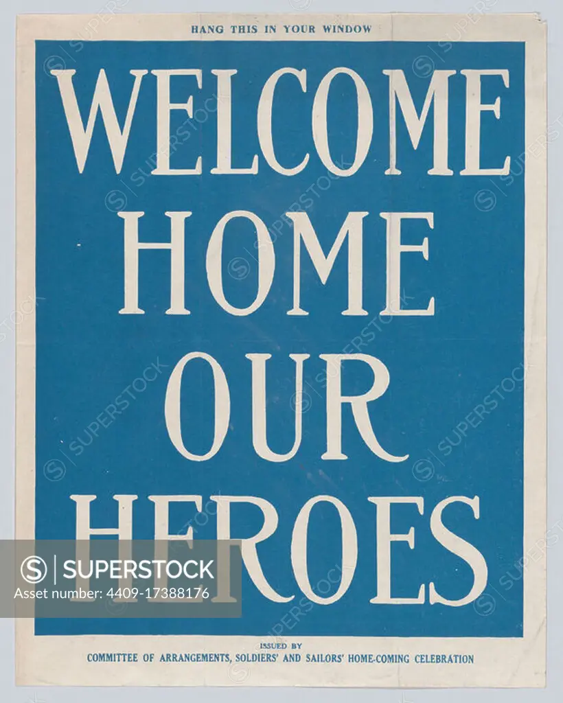 Welcome home our heroes. Dimensions: Sheet: 10 3/4 × 8 7/16 in. (27.3 × 21.5 cm). Publisher: Issued by Committee of Arrangements, Soldiers' and Sailors' Home-Coming Celebration. Date: ca. 1918.
World War I poster. Museum: Metropolitan Museum of Art, New York, USA.