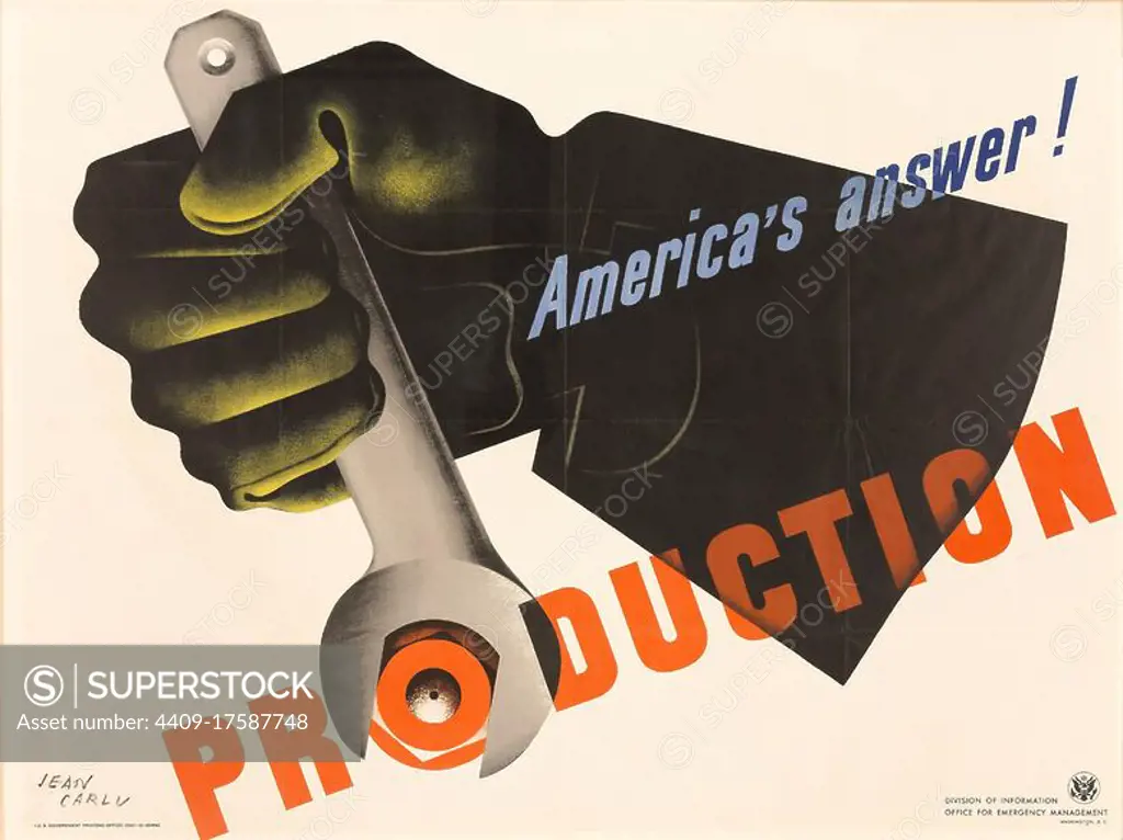America's Answer! Production. Jean Carlu; French, 1900-1997. Date: 1942. Dimensions: 760 × 1,020 cm (image/sheet, sight). Color lithograph on cream wove paper. Origin: France. Museum: The Chicago Art Institute, Chicago, USA.
