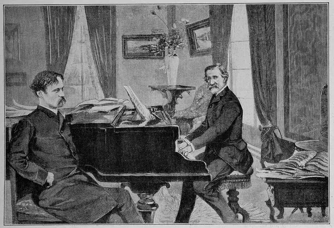 VERDI TOCANDO EL PIANO JUNTO AL LIBRETISTA ARRIGO BOITO - GACETA ILUSTRADA ALEMANA - SEPTIEMBRE DE 1913.