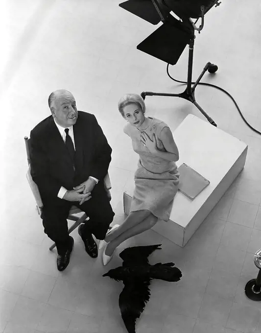 TIPPI HEDREN and ALFRED HITCHCOCK in THE BIRDS (1963), directed by ALFRED HITCHCOCK.
