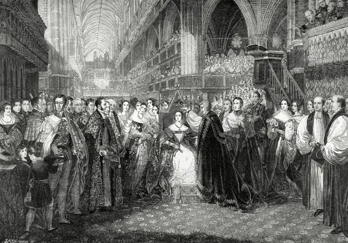 Victoria I (1819-1901). Queen of the United Kingdom of Great Britain and Ireland (1837-1901). Coronation of Victoria as a Queen, 28 June 1838, in the Westminster Abbey. Engraving by E. Cremer after a painting of E. T. Parris. "Nuestro Siglo" , 19th century.