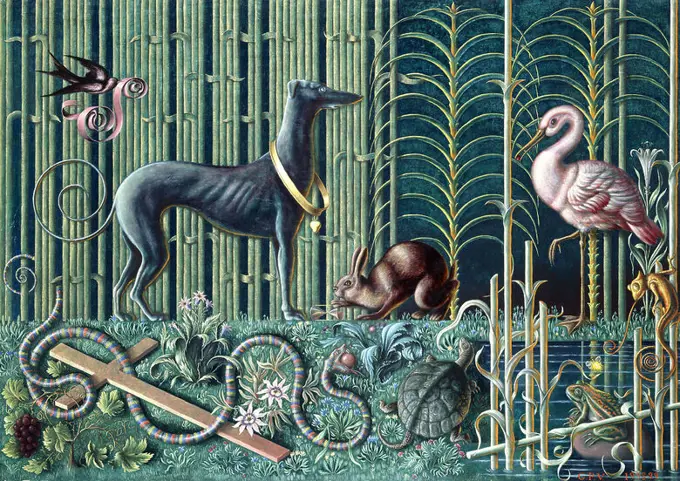 'Los emblemas del amor', 1998-1999, Tempera on canvas, 141 x 200 cm. Author: GUILLERMO PEREZ VILLALTA (1948-). Location: GALERIA SOLEDAD LORENZO. MADRID. SPAIN.