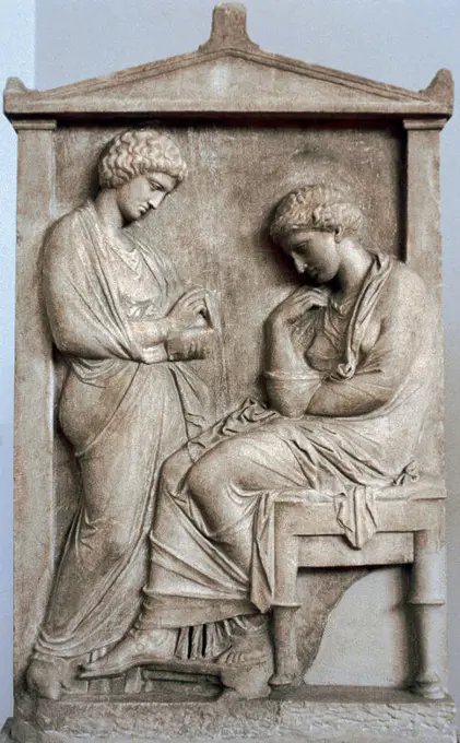 Art greek. Gravestone. Attic. Early 4th BC century. Farewell scene. A woman sitting with her jewels with a slave. National Archaeological Museum of Athens. Greece.