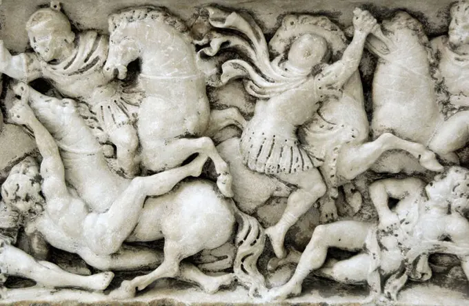 Roman marble sarcophagus decorated with reliefs. Battle scene. Detail. Dated in the first quarter of II century a.C. Museum of Fine Arts. Budapest. Hungary.