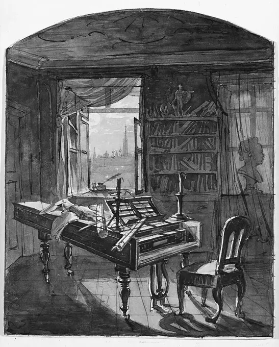 Beethoven's Study in Vienna, in the window is the spire of St. Stephen's Cathedral. LUDWIG VAN BEETHOVEN.