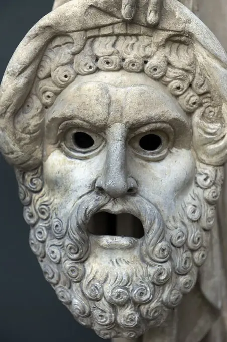 Tragedy mask. Detail of the Melpomene's statue, Muse of singing and Tragedy. Roman statue. 2nd century AD. Marble. From Monte Calvo. Italy. Ny Carlsberg Glyptotek. Copenhagen, Denmark.