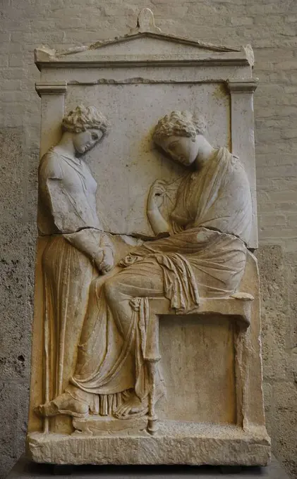 Greek art. Grave relief of Mnesarete. About 380 BC. The dead woman is seated in front of a sorrowing girl. The name is recorded on the pediment Mnesarete (daughter) of Socrates. Glyptothek. Munich.