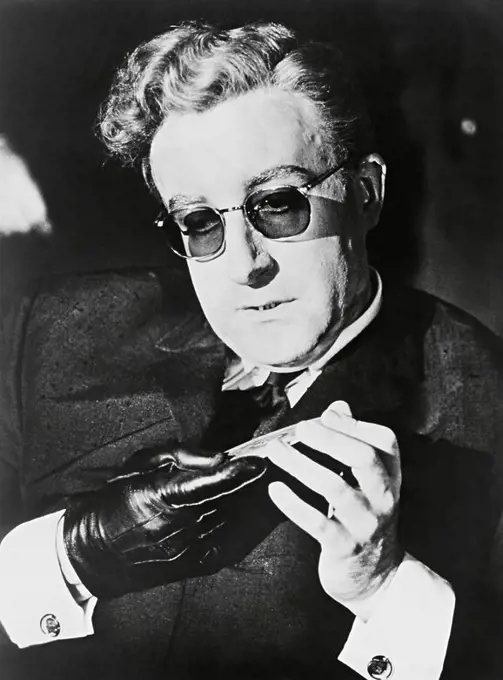 PETER SELLERS in DR. STRANGELOVE OR: HOW I LEARNED TO STOP WORRYING AND LOVE THE BOMB (1964), directed by STANLEY KUBRICK.