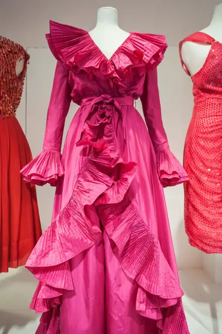 UK, England, Somerset, Bath, Assembly Rooms Fashion Museum, Pink Silk and Taffeta Evening Dress designed by Roland Klein, 1980's
