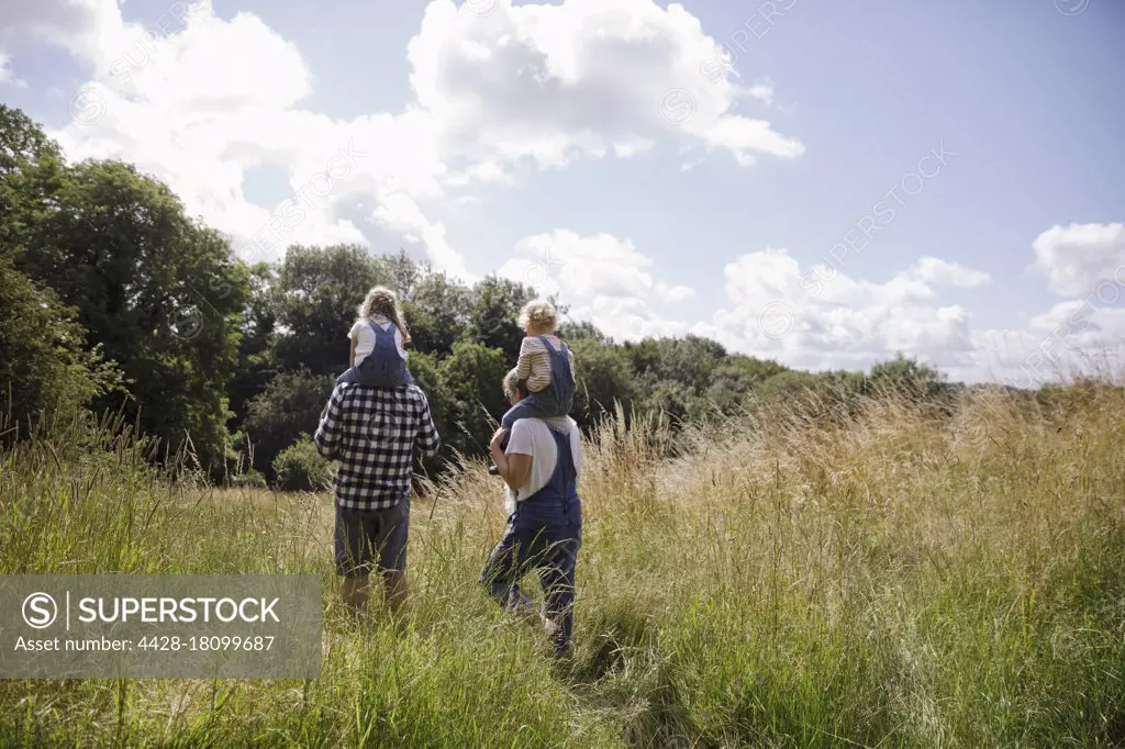 Parents carrying daughters on shoulders in sunny rural summer field