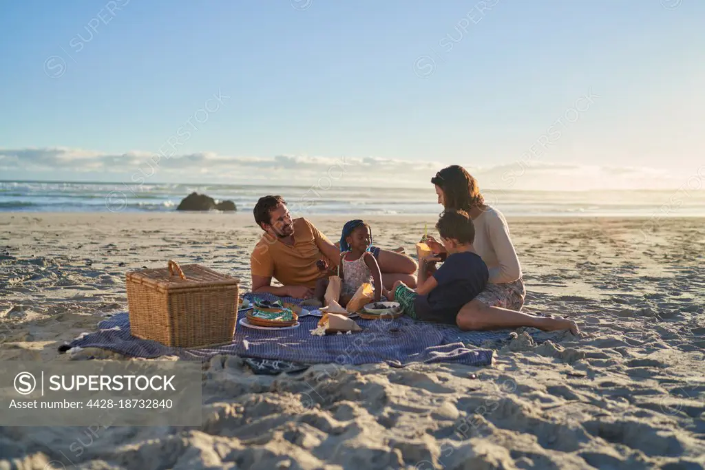 Family enjoying picnic lunch on sunny ocean beach
