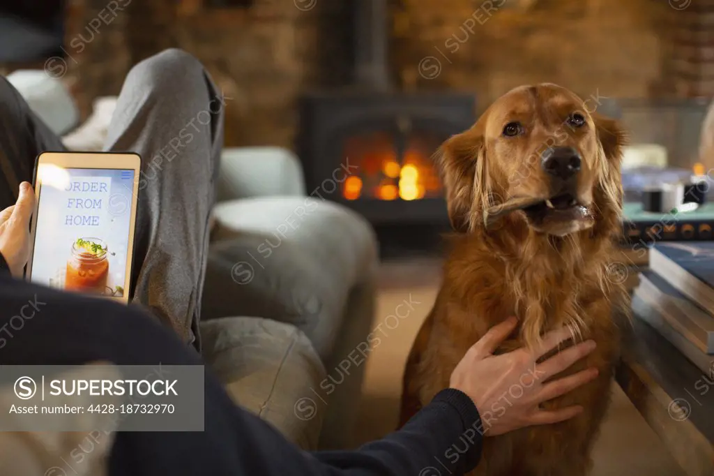 Man with dog ordering online takeout on digital tablet