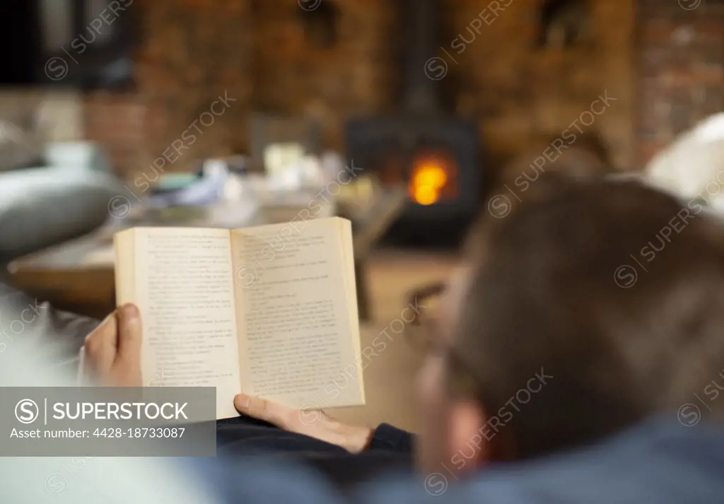 Man reading book in living room