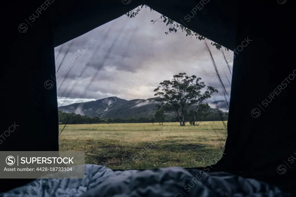 Scenic view from tent of mountains, Australian bush