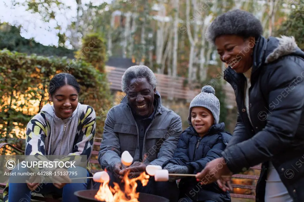 Grandparents and grandchildren roasting marshmallows over campfire