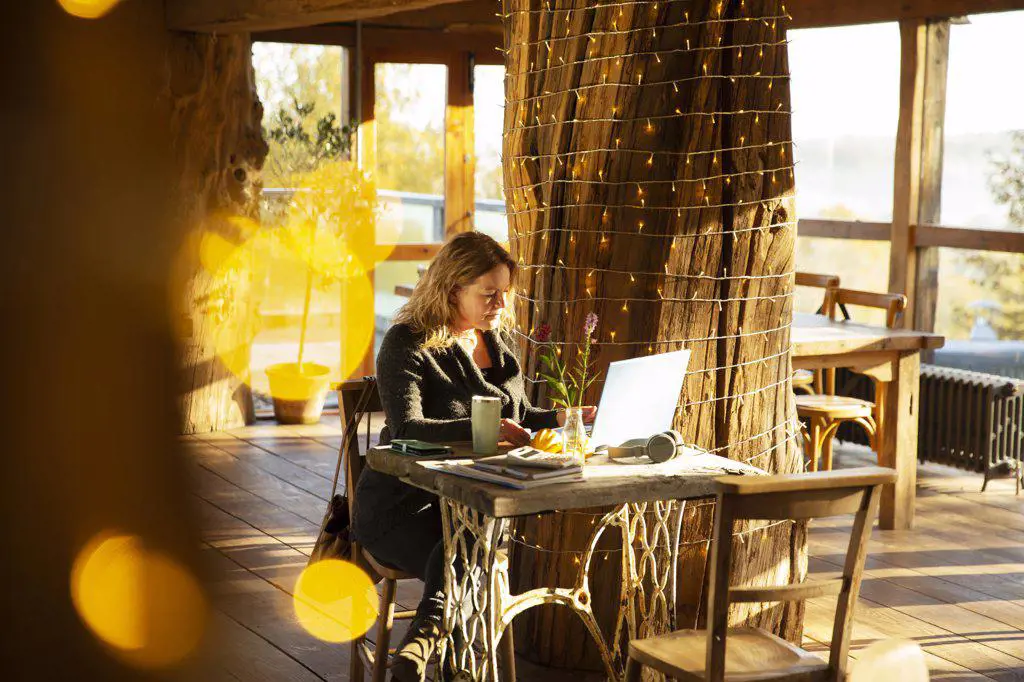 Businesswoman working at laptop in sunny cafe