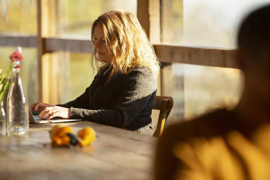 Businesswoman working at laptop in sunny restaurant