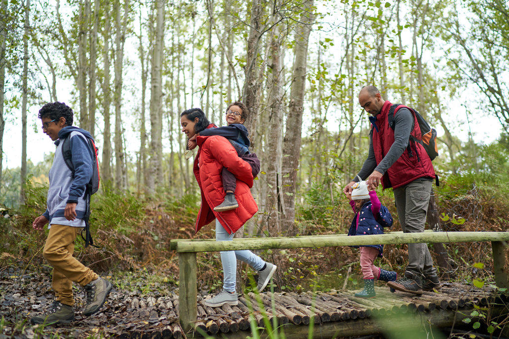 Family crossing footbridge on hike in woods