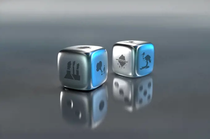 Pair of dice with environmental damage symbols