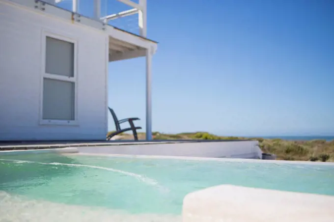 Infinity pool and beach house overlooking ocean