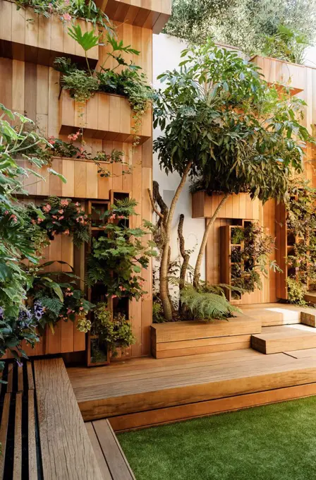 Trees and plants growing along wooden courtyard