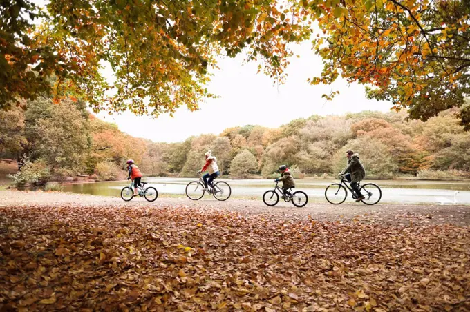 Family riding bicycles in park,London, UK