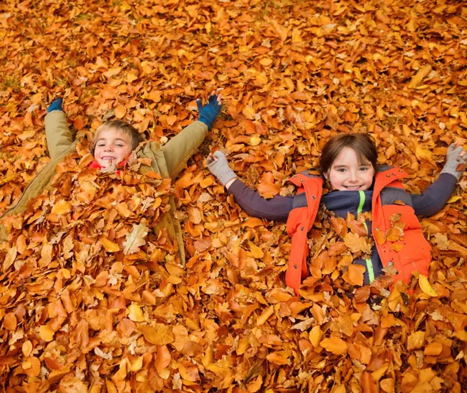 Children laying in autumn leaves,London, UK