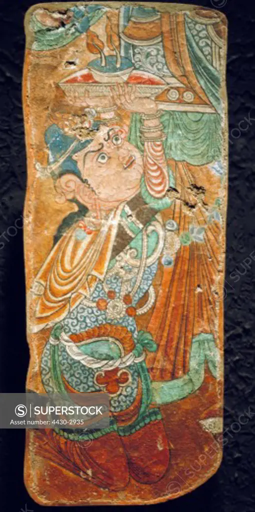 fine arts, China, Uyghur painting, demon with lamp, fresco, Bezeklik Monastary, 8th/9th century, Museum for Asian Art, Berlin,