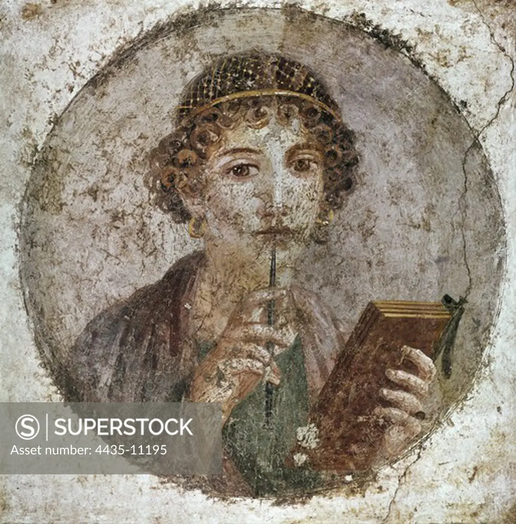 SAPPHO (612-545 BC). Greek poet. Woman's portrait with a tablet and stylus identified as Sappho. Roman art. Fresco. ITALY. CAMPANIA. Naples. National Museum of Archaeology.