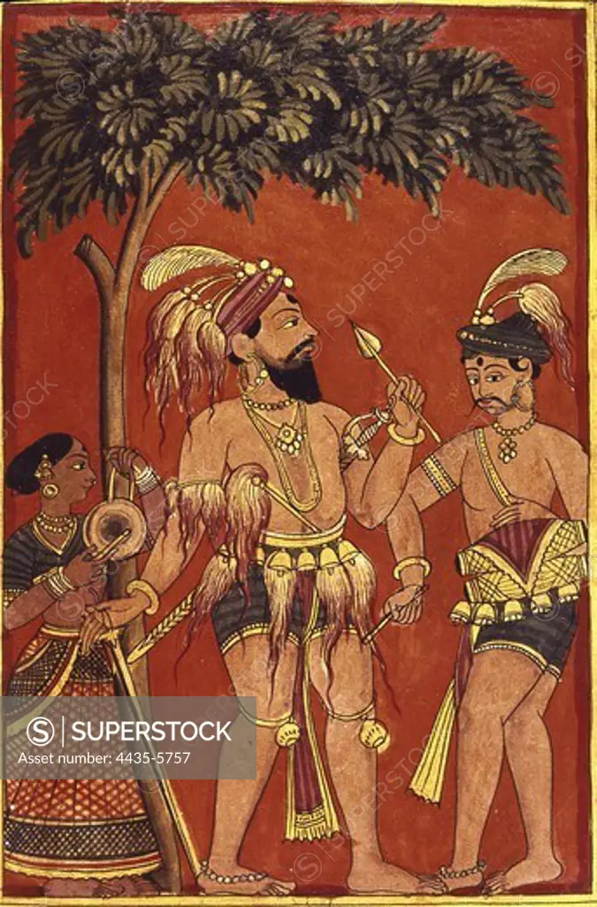 Two Indian warriors. Hindu art. Miniature Painting.