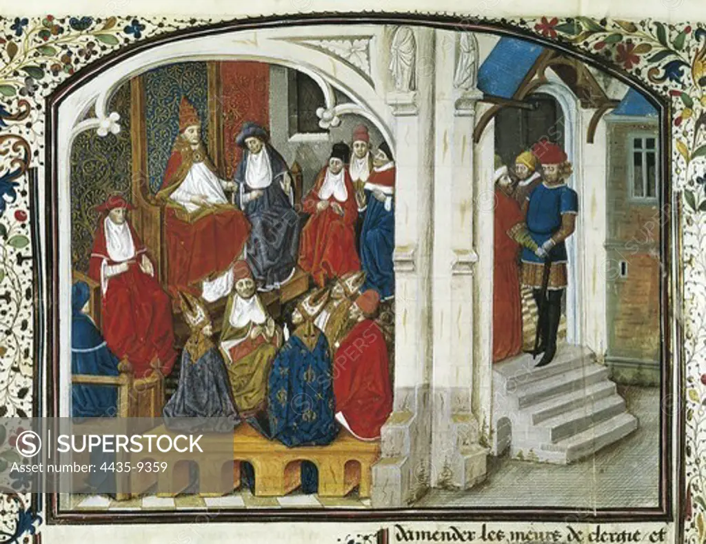 First Crusade. Urban II preaching the First Crusade in the Council of Clermont (1095). Picture of the Chronicle by Guillaume de Tyr (13th c.). Gothic art. SWITZERLAND. Geneva. Public and University Library.