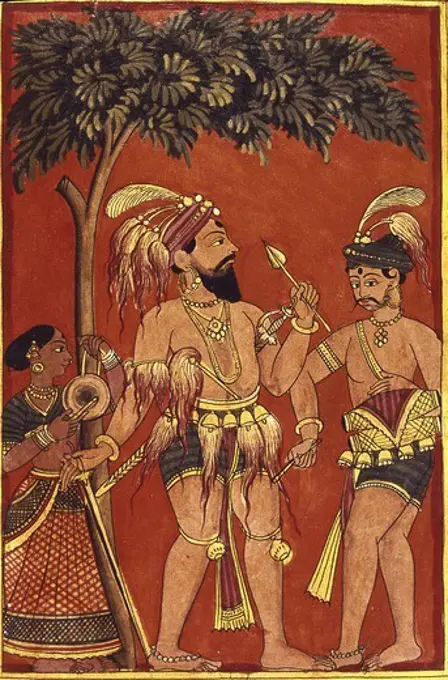 Two Indian warriors. Hindu art. Miniature Painting.