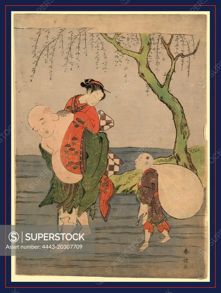 Musume o seotte kawa o wataru hotei, Hotei carrying a young girl piggyback., Suzuki, Harunobu, 1725?-1770, artist, [between 1767 and 1769], 1 print : woodcut, color ; 28.2 x 20.2 cm., Print shows Hotei, one of the seven lucky Buddhist gods, carrying a young woman across a river; a child attendant carries Hotei's bag.