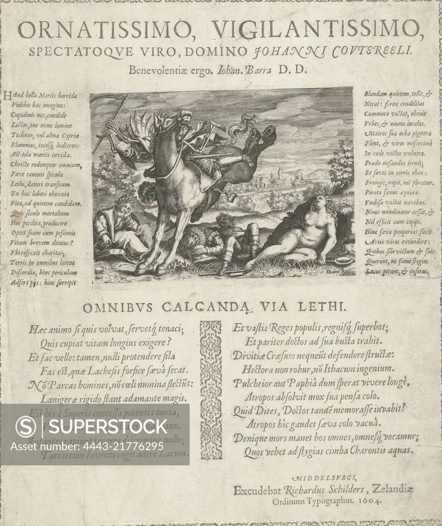 ongeduldig Tekstschrijver Zonnebrand Charter for Johan Coutereels with Death seated on a rearing horse, The  skeleton with wings attacks a poet with laurel wreath. A king and a peasant  have already been killed. A naked