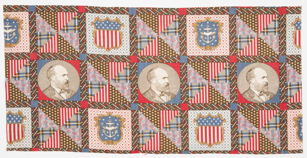 Textile, Medium: cotton Technique: printed, Printed patchwork fragment has the image of President James A. Garfield and alternating shield flags patterned with either stars and stripes or an anchor with stars. Remaining quadrants have a printed patchwork design and are divided into eight equal triangles filled with four different patterns. This particular image of Garfield in profile wearing a white shirt and dark jacket and tie is based on a photograph from the Pach Brothers photography studio of New York and was widely circulated around the United States., USA, 1880, printed, dyed & painted textiles, Textile
